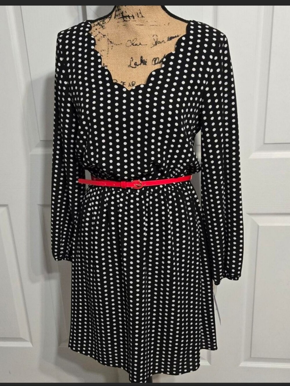 Apt. 9 Black & White Polka Dot Long-Sleeve Dress with Red Belt